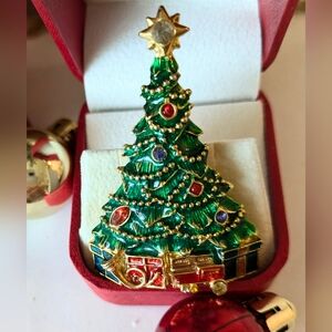 Vintage Christopher Radko Enamel Rhinestone Christmas Tree Pin Brooch